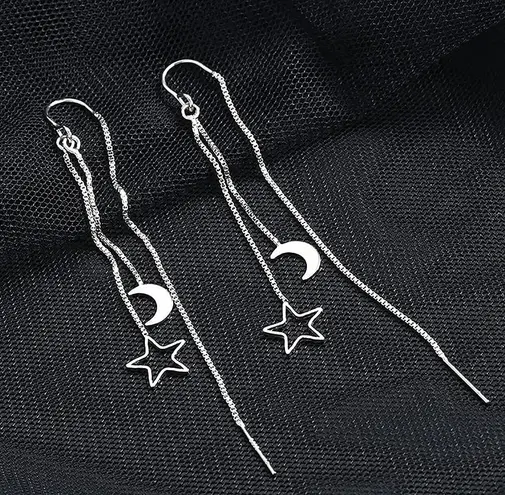 Silver Moon Star Threader Long Tassel Earring Chain, Drop Dangle Woman Earrings