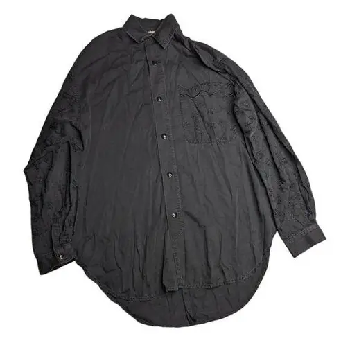 Vtg 1980s Bis by Gene Ewing Black Cotton Poplin Eyelet Sleeve Snap Up Top 1 1X