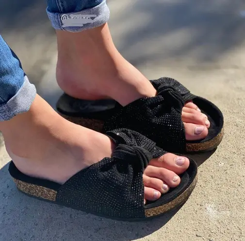 Black Rhinestone Slip On Bow Tie Sandal Size 7