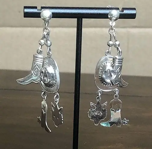 Sterling Silver Vintage Western Drop Dangle Hat Boots Spurs Coyote Post Earrings