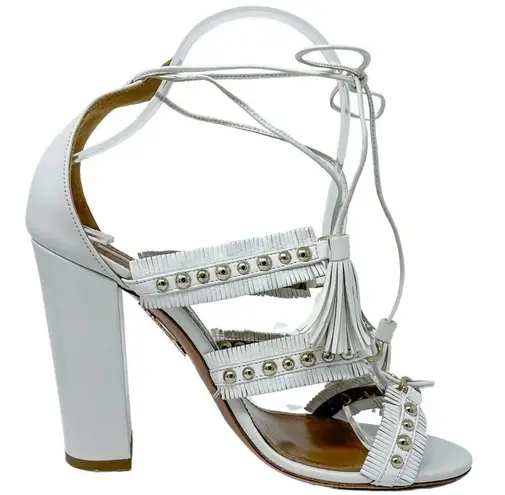 Aquazzura White Tulum Fringed Leather Studded Gladiator Sandal size 37.5