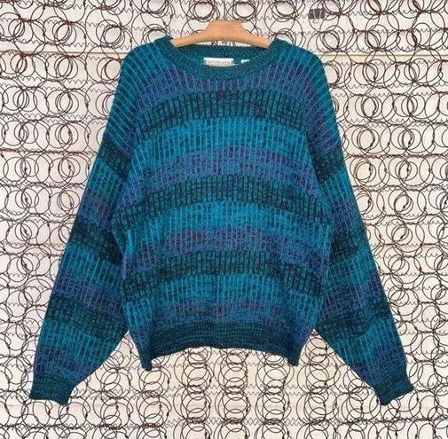 Vintage 90s Saturdays brand teal purple and black abstract striped knit sweater Size XL