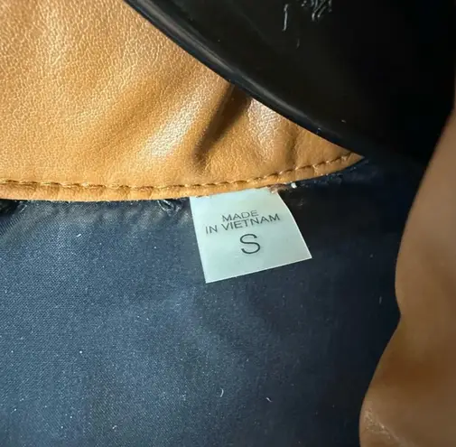 SAM. Isabel Vegan Down Puffer Jacket Faux Leather Stowaway Hood Saddle Brown S