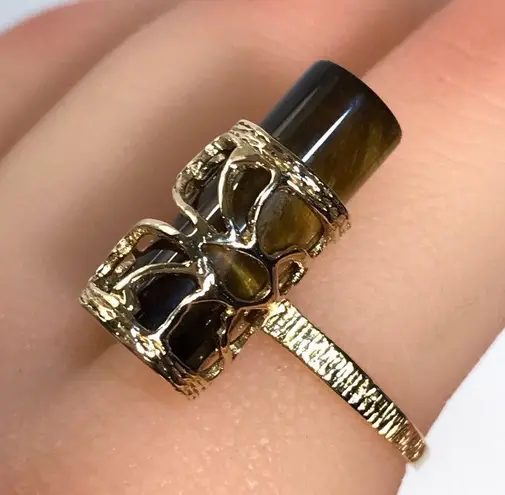 14KT 10.15 CARAT GENUINE TIGERS EYE SOLID GOLD VINTAGE RING W/ REMOVABLE GEM
