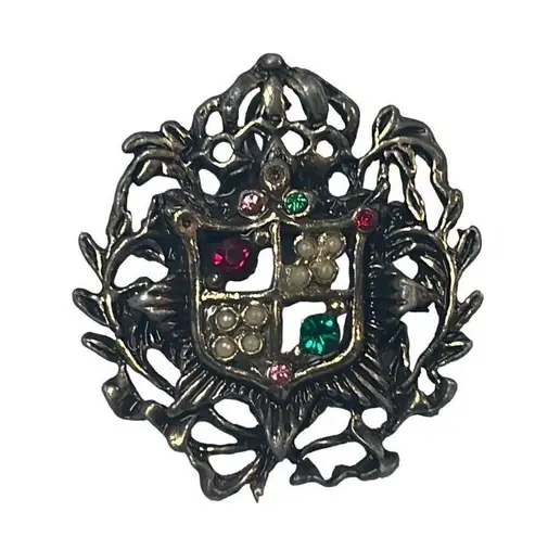 Antique Edwardian Coat of Arms Shield Crest Pink Garnet Emerald Pearls Brooch Red