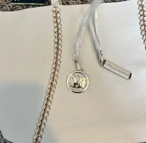 Badgley Mischka White Leather Tote Bag with Gold Chain Detail and Designer Charm
