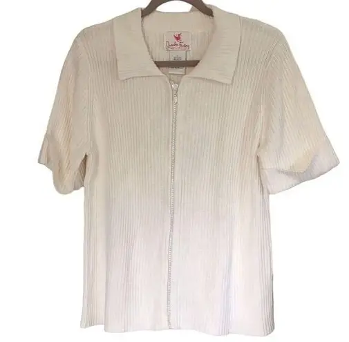 Quacker Factory Women's Ivory Short Sleeve Zip-Up Top Size L Casual