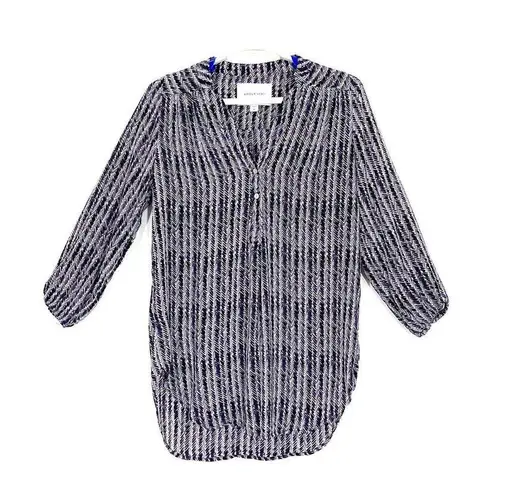 Amour Vert Crepe De Chine Silk Dash Print Blouse Tunic Size Medium Purple Black