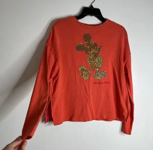 Disney Parks Women's Disney World Gold Sequin Mickey Mouse Pullover Sweater XS Orange