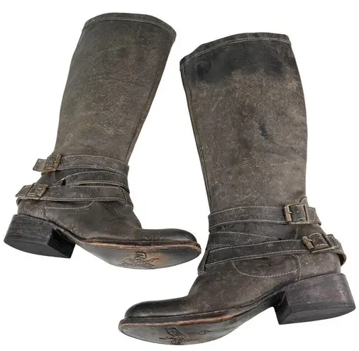 FREEBIRD by Steven Irish Tall Leather Riding Boots Triple Buckle Strap 6 Brown