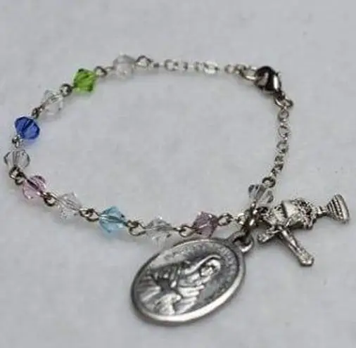Source Unknown 925 St.Kateri Tekakwitha Sterling Silver Charms Multi Color Beaded 6 In Bracelet