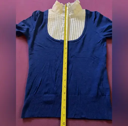 Japanese LISSEO Short Sleeve Knit Top Shirt With Mock Collar Blue&White Multiple