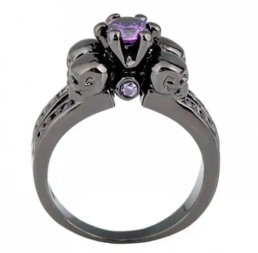 Men's Women 4 Skull Design Purple Zircon Wedding Ring Black Gold Size 10