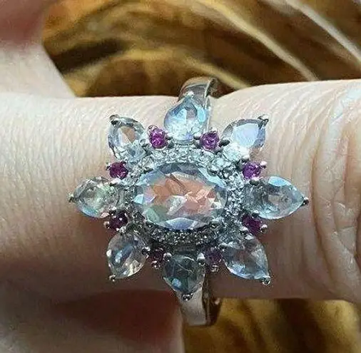 Rainbow Moonstone Pink Sapphire Sterling Silver Cocktail Ring Size 6