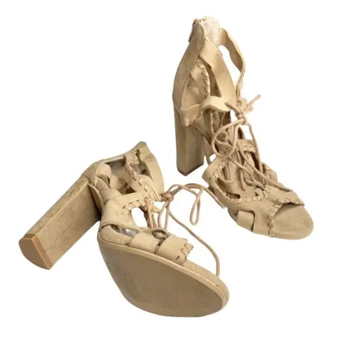 EXPRESS ⌘ Whipstitch Lace Up Heeled Sandals ⌘ Taupe Vegan Suede ⌘ Size 7M