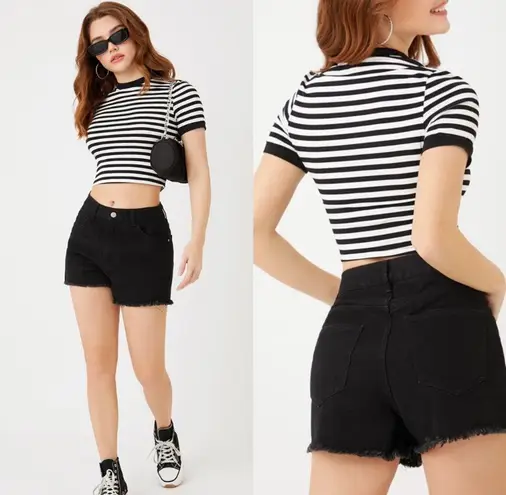 Lucy Paris Viscose Soft Striped Knitwear Crop Top & Flare Skirt Set Navy White S