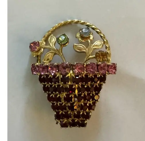 Vintage Spring Flower Basket Brooch Pink Red Prong Rhinestone Blue Gold Tone Pin