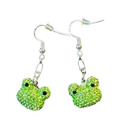Green Rhinestone Frog Dangle Pierced Earrings Silver Tone New