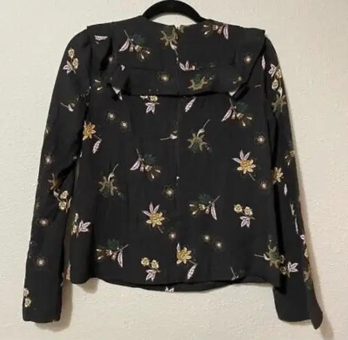 A.L.C. Annaleigh Black Silk Ruffle Floral Yoke Top Blouse