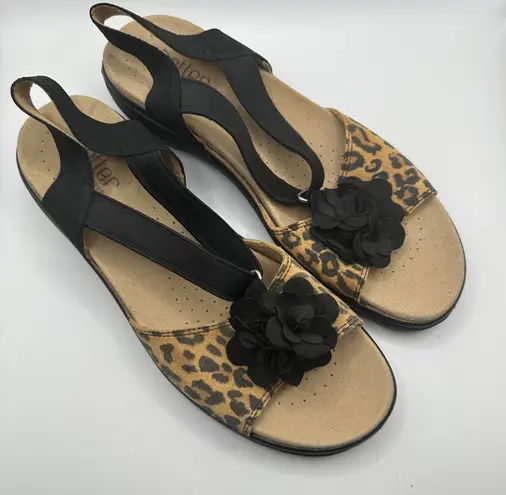 Hottie England Leopard Print Flower Accent Comfort Slingback Sandals US 11 Tan