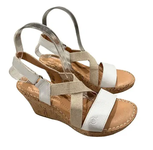 Born Hyura White Leather and Natural Cork Wedge Heel Sandal, Sz 7