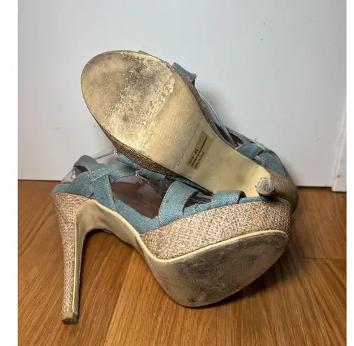 Heckik Shoes Womens Size 8.5 Blue Denim Cross Strap Platform High Heel Sandals