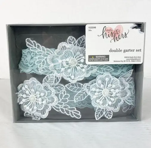 His & Hers Light Blue Floral Lace Appliqué Bridal Wedding Double Garter Set