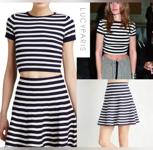 Lucy Paris Viscose Soft Striped Knitwear Crop Top & Flare Skirt Set Navy White S