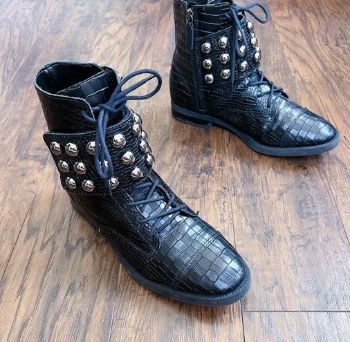Schutz • Marieta Studded Bootie ankle boot black croc embossed lace up combat