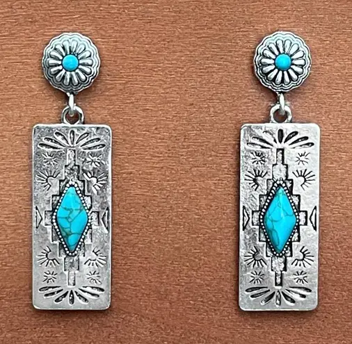 Aztec Pattern Bar Earrings with Turquoise Silver