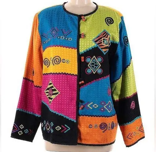 Julia Ku Colorful Blazer Jacket Vibrant Applique Quilted Embroidered size M