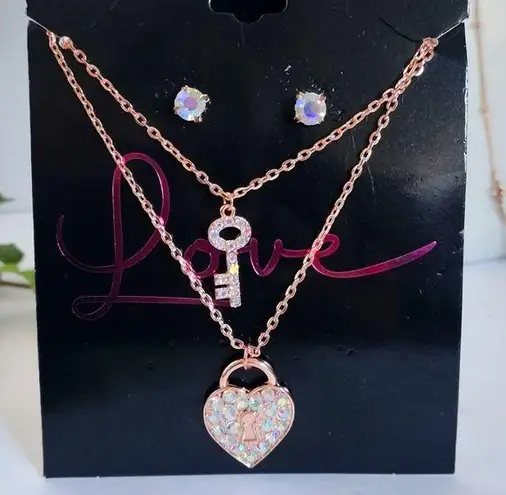 Fashion Rose Gold Iridescent Heart Key Necklace Set with Earrings Pink