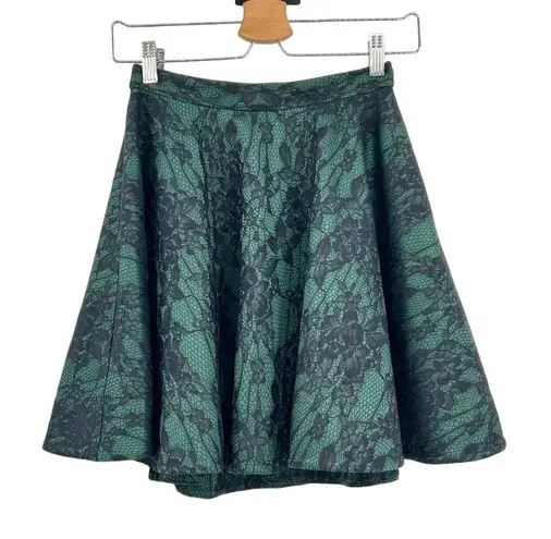 Torn By Ronny Kobo Green & Black Lace Flared Skirt Size Small