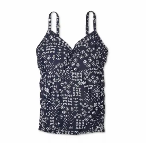 Kona Sol Shirred Tankini Swim Top Plus size 18W blue white tribal ruched sides