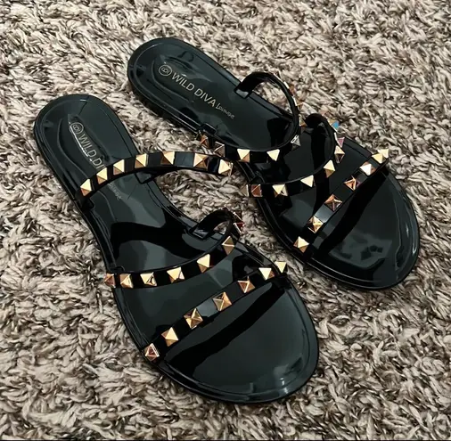 Wild Diva Black Gold Stud Sandals