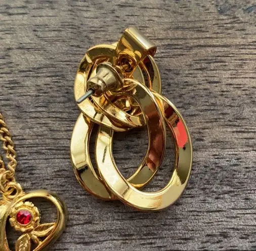 Avon Heart necklace and chain link pierced earrings set red ruby garnet gem VTG Gold