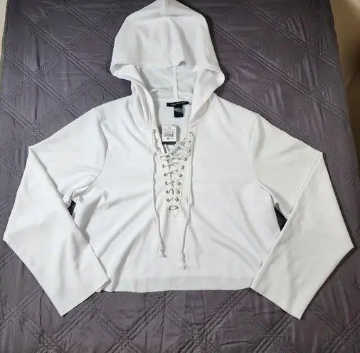 Ashley Stewart Womens 18/20 White Cropped Hooded Shirt NWT Boho Ties Lightweight