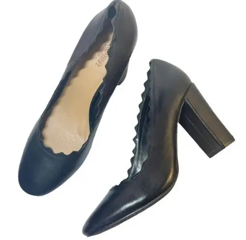 Crown Vintage Willow Black Leather Retro Scalloped Block Heel Pump Womens Size 9