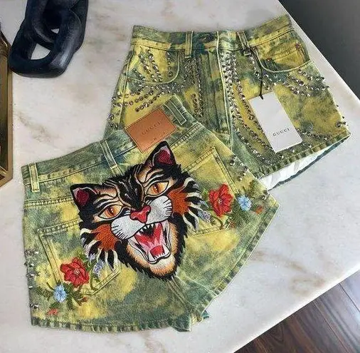 Gucci  Washed Studded And Tiger Embroidered Denim Shorts in Green/Yellow