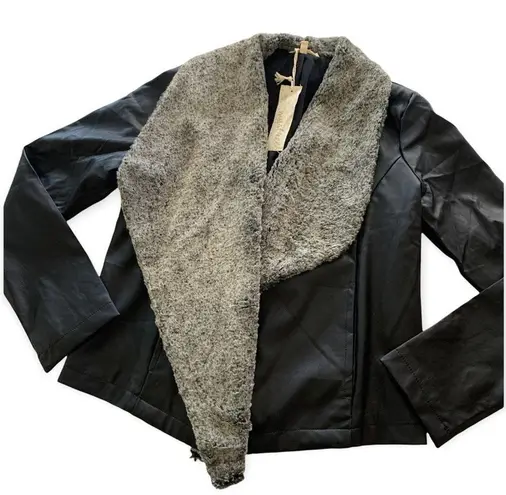 Mystree | Pia Black Vegan Leather Jacket with Faux Fur Lined Lapel Small NWT