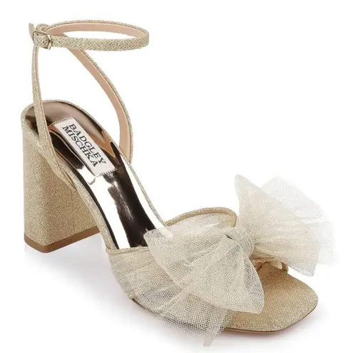 Badgley Mischka Tess Tulle Bow Block Heel Sandals in Gold Size 11 New in Box