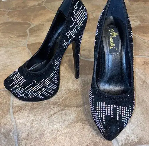 Mochi Rhinestone Embellished Platform Stiletto Heels, Size 6.5