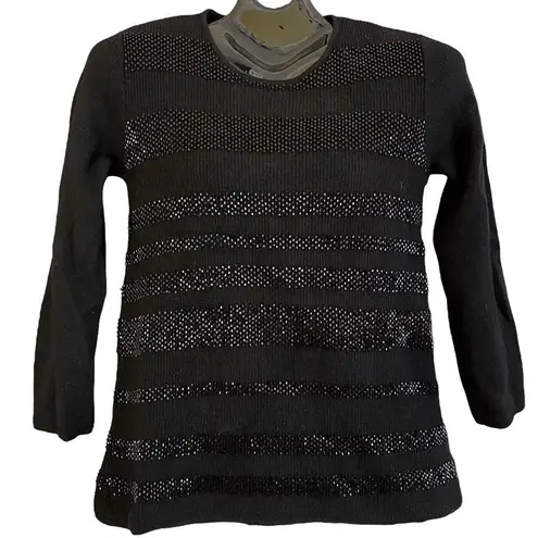Jaeger London Vintage Black Wool Beaded Stripes Women’s Pullover Sweater