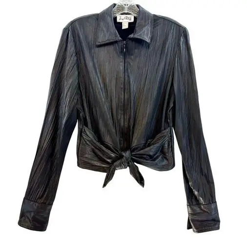 Joseph Ribkoff Size 12 Black Blouse Jacket Waist Tie Zip Up Shimmer Vintage