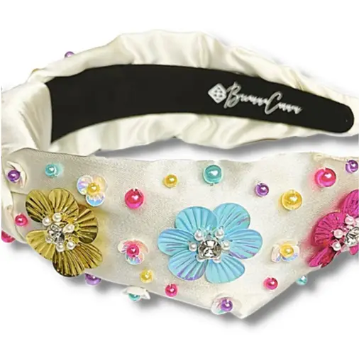 Brianna Cannon Satin/Silk Headband with Hand Sewn Beads Flowers Feminine New White