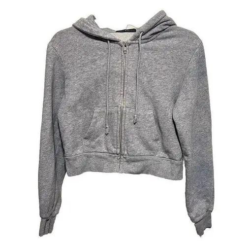 Brandy Melville  Cropped Zip-Up Hoodie Grey Cozy Fleece Lined Casual Streetwear