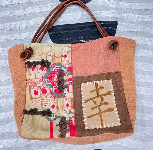 Made In India Cotton Leather Patchwork Embroidered Canvas Tote Bag 15 L *14 H Brown
