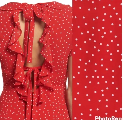 Bardot  x Revolve Red and White Polka Dot Ruffle Mini Faux Wrap Dress Tie Back