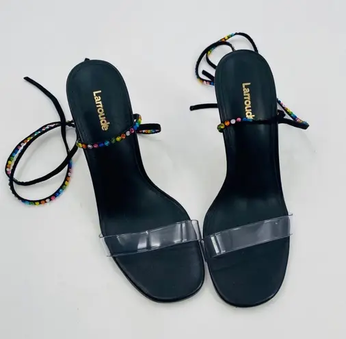 Larroude Disco Gloria NEW Mermaidcore Fairy Whimsy Ankle Wrap Heel Open Toe 37.5 Black Size 7