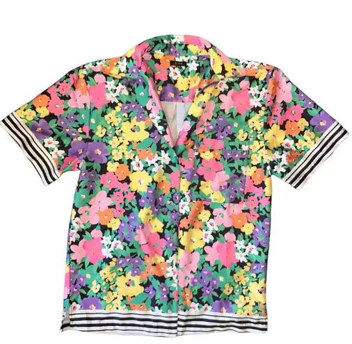 FABIENNE NEON FLORAL PRINT OVERSIZE SATIN CAMP SHIRT IN NEON GARDEN W STRIPE Sm